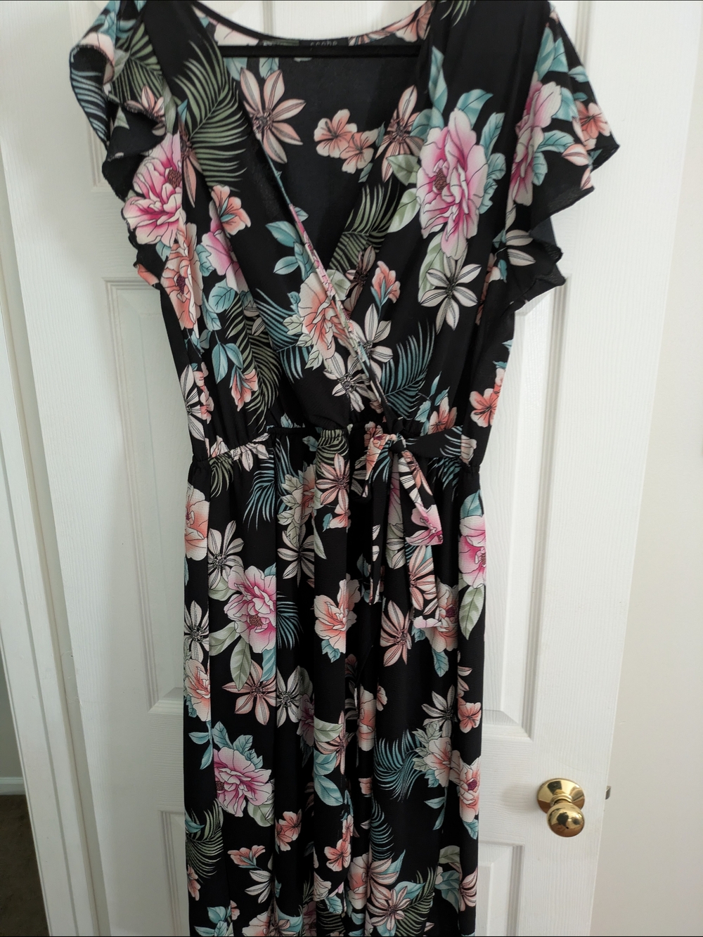 Floral Wrap-Front Maxi Dress in Black with Pink & Green Floral Print
